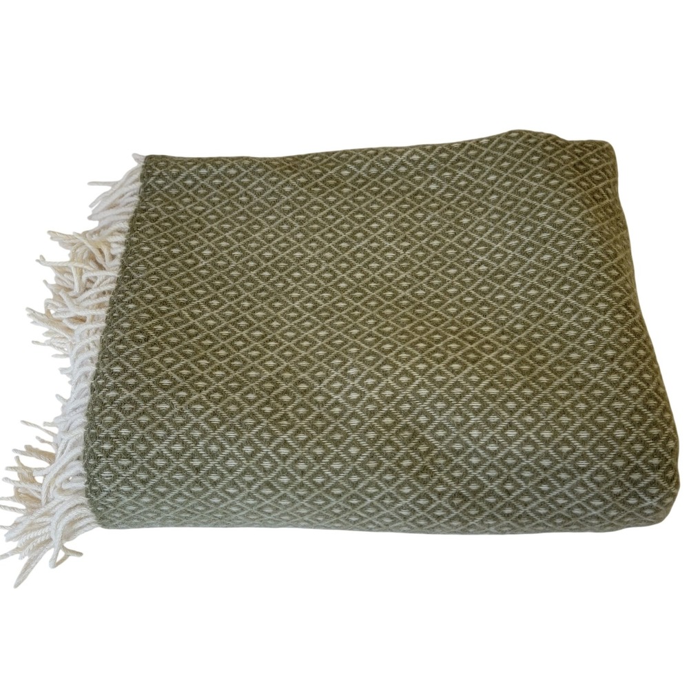 Wool Fuzzy Reversible Large Throw Blanket Green Made in Ukraine Fringed 71x55